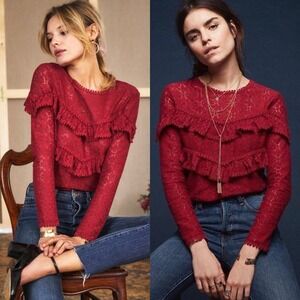 Sézane Nion Red Lace Ruffle Blouse Top Womens Size 36 French US‎ 4 Romantic Boho